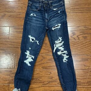 American Eagle Outfitters Women's Dark Blue Distressed Skinny Jeans